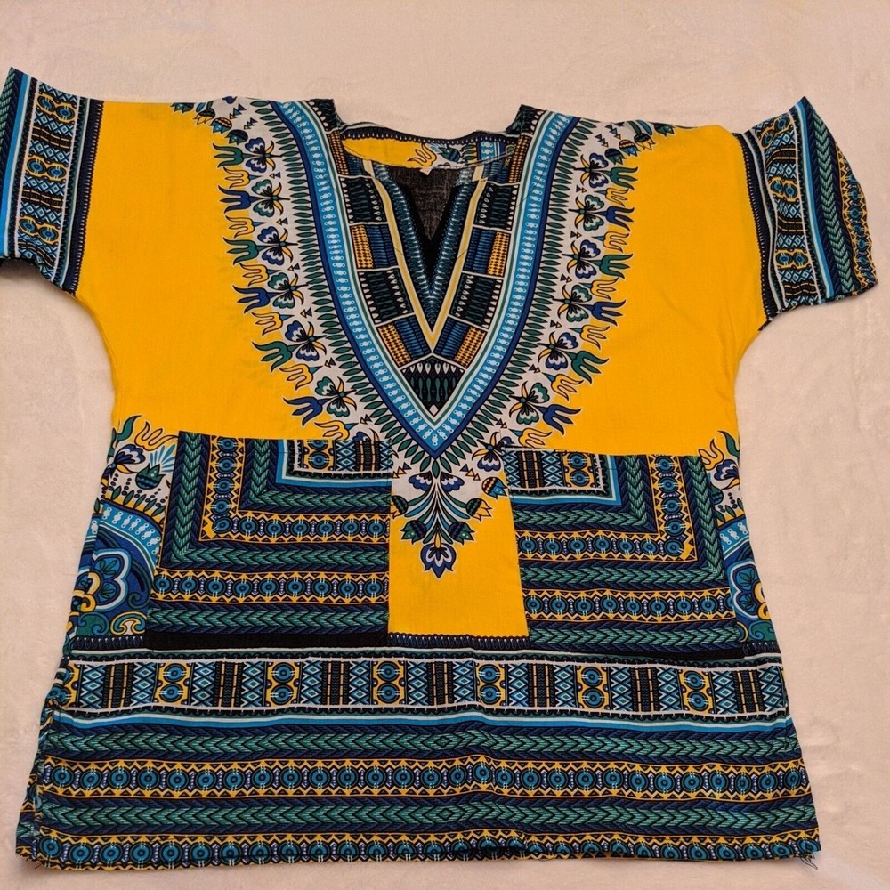 African print Shirt Cover-Up Kimono Semi Sheer Shirt - Size M Yellow Blue